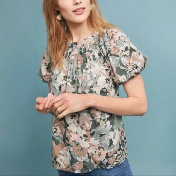 Anthropologie Maeve Floral Linen Puff Sleeve Top Blouse Green Floral Size Small - Picture 1 of 5